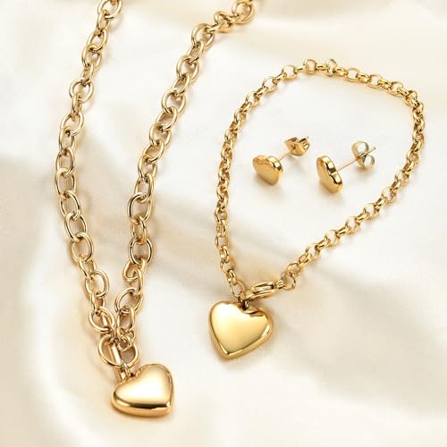 Women's 3 Pieces Heart Name Initial Necklace, Bracelet, Earrings, Jewelry Set Stainless Steel A-Z letters Jewelry Suits - color: Gold, size: Petite