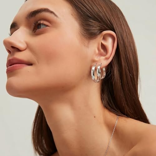 5mm Chunky Hoop Earrings Set, 3 Pairs Durable Bold Small Gold Hoop Earrings, Hypoallergenic 925 Silver Post Huggie Hoops, Lightweight Stacked-Style Thick Hoops Earring for Women - color: Silver, size: 15/20/25mm