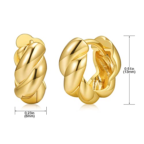 Small Huggie Hoop Earrings For Women, Real Gold Plated Croissant Square Round Earrings Lightweight Everyday Jewelry Hypoallergenic for Sensitive Ears - color: Gold Bold Twist