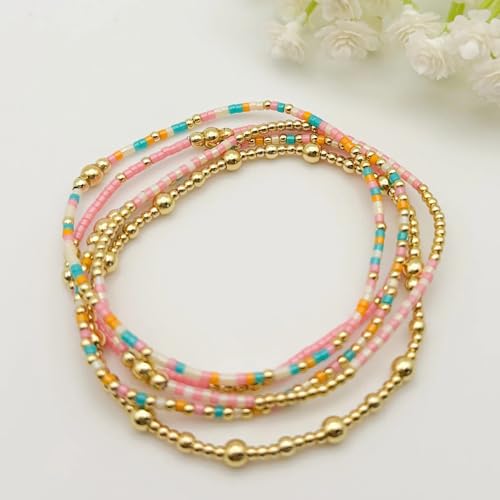 5Pcs Stack Gold Plated Ball Beaded Bracelets Set for Women, Boho Handmade Colorful Glass Pearl Stretch Accessories Jewelry, Summer Beach Daily Wear Holiday Friendship Gift - color: Pink