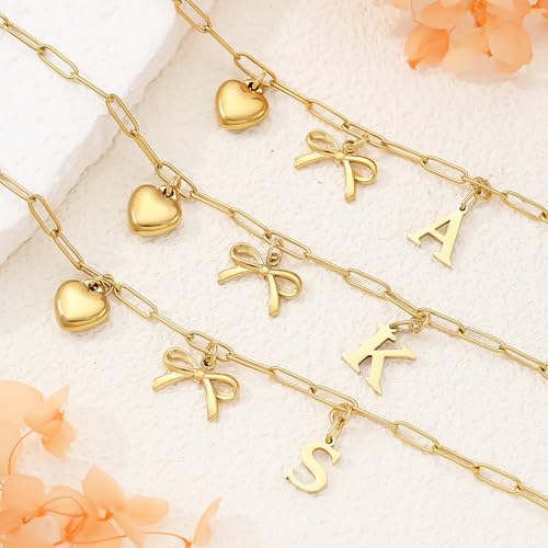 14K Gold Plated Bracelet for Women Simple Jewelry Initial A-Z Bracelet Dainty Chain Gifts for Women Birthday Unique Dainty Letter Charm Bracelet with Bow Anniversaries Gifts for Mother Her Jewelry Gift - style: B
