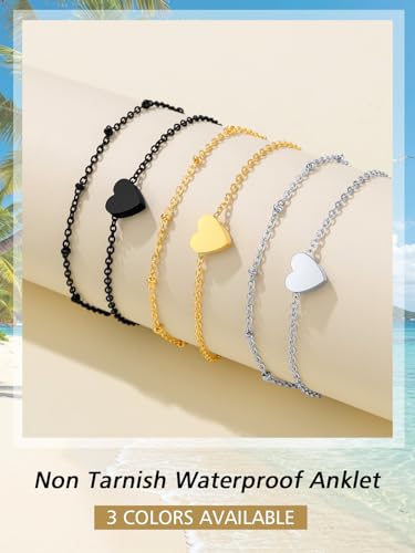 FindChic Stainless Steel Ankle Bracelets for Women, Waterproof Figaro/Cuban/Box/Beaded Chain Anklets, Summer Beach Foot Jewelry, 8.5''-10.5'' Adjustable Length, with Gift Box - style: Layered Heart Charm-Silver