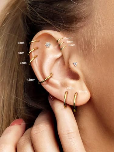 2Pcs Titanium Nose Rings 20G 18G 16G 14G Nose Rings Hoops Diameter 5mm to 12mm Silver-Gold-Rose Gold-Black Cartilage Helix Tragus Daith Rook Hoop Earrings Hinged Segment Septum Clicker Body Piercing Jewelry - color: Gold