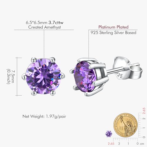 DAYBYDAY 925 Sterling Silver Birthstone Earrings for Women, Crystal Stud Earrings, 6.5mm Round Cut Solitaire Gemstone Earrings Birthday Jewelry - style: Round Cut-02. Feb/created amethyst