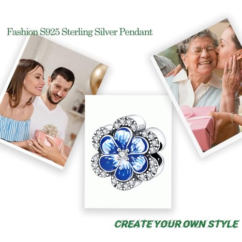 HappyStar 925 Sterling Silver Animal Dogs Charms Pendants fit Pandora Bracelets Necklaces Flowers Sports Travel Charms for Bracelets Women Jrwelry Gifts(with one Spacer Bead Charms) - style: 6-Blue Flower Beads