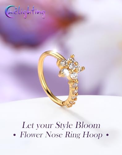 Melighting 20G Butterfly Nose Ring Hoop 8 mm Open Seamless Nose Piercing Jewelry Surgical Steel 316L, Twist Nostril Ring with Marquise and Round CZ, Silver Flower Body Piercing for Women - style: Flower Gold
