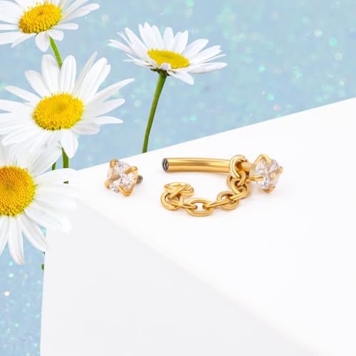 3 Pcs 316L Stainless Steel 16G Tragus Helix Rook Piercing Jewelry with Chain, Cartilage Earrings for Women, Belly Button Ring Vertical Labret Lip Piercing Jewelry - color: Gold, size: Prong Setting