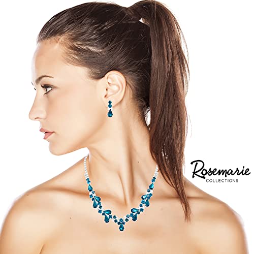 Rosemarie Collections Women's Stunning Rhinestone Crystal Teardrop Statement Necklace Hypoallergenic Drop Earrings Set, 15"+6" Extender - color: Peacock Blue Zircon Silver Tone