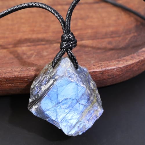FANASY Natural Raw Crystal Necklace for Women Irregular Stone Necklaces Spiritual Gemstone Pendant with Adjustable Rope - color: Raw Labradorite