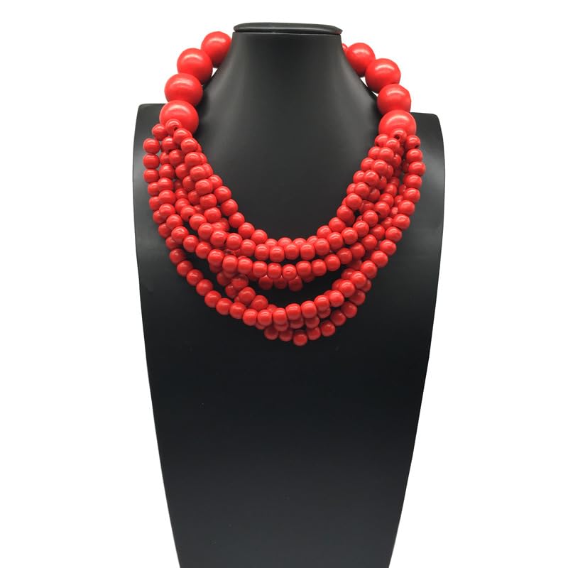 COLORFUL BLING Boho African Wooden Beaded Strands Necklace Ethnic Layered Chunky Collar Choker Wood Necklace for Women Hip Hop Statement Jewelry - color: red