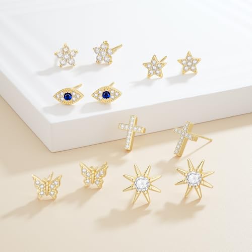 JIAYIQI Minimalist 925 Sterling Silver Stud Earrings Set, 14K Gold Plated Hypoallergenic Tiny Bar Dot Heart Star Studs for Women & Men - style: Gold-Cross-1 Pair