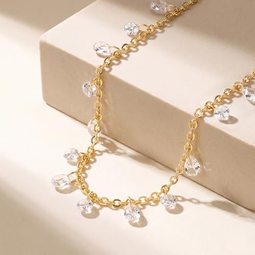 MTMY Gold Choker Necklace for Women, 14K Gold Plated Dainty Cubic Zirconia Cross Heart Shell Teardrop Charm Station Necklaces Trendy Summer Jewelry Gift - style: Drop