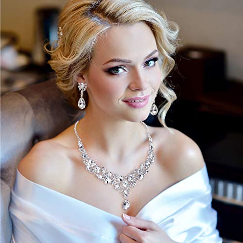Hicarer Bridal Teardrop Cluster Crystal Jewelry Set for Women Necklace Earrings Wedding - color: Silver