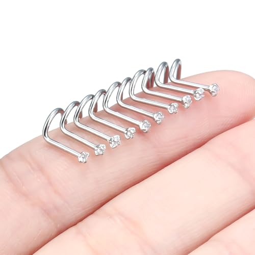 Nose Studs Surgical Steel Nose Rings Studs with Cubic Zirconia 10Pcs Tiny Nostril Rings for Women Screw Bone and L-Shaped Nostril Piercing Jewelry 24G 22G 20G 18G - color: silvertone,screw nose studs, size: 20g,1.5mm Clear CZ