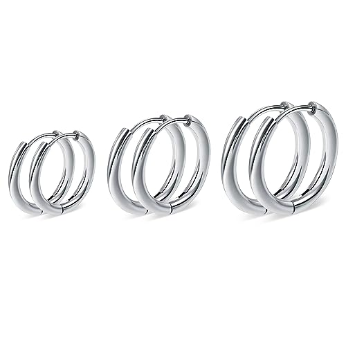 Silver Gold Hoop Earrings for Women Men, 316L Surgical Stainless Steel Huggie Hoop Earrings Set Hypoallergenic Small Cartilage Earrings Lightweight Hoop Earrings Huggie Set - color: Silver--8/10/12mm