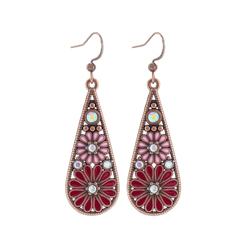 Colorful Green Teardrop Earrings for Women - Bohemian Style Enamel Dangle Earrings Lightweight Fashion Jewelry for Daily/Wedding/Party - color: Red Purple Flower