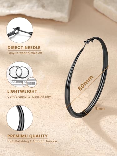 KeyStyle 5mm Thick Hoop Earring,Large Gold Hoop Earrings for Women | Stainless Steel Hoops Earring 14K Gold Plated/Silver/Black Hoop Lightweight Hypoallergenic Hollow Tube Hoop(40/60/80MM) - color: Black, size: 80mm