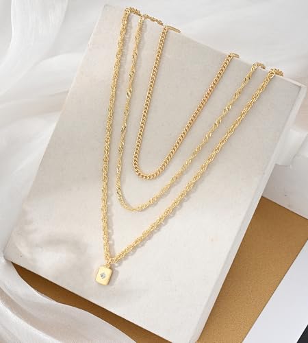 YEEZII Layered Gold Necklaces for Women Trendy, 3 Pcs 14K Gold Plated Choker Paperclip Box Chain Necklace, Stackable Women's Gold Pendant Necklaces Jewelry Set - color: Yellow Gold