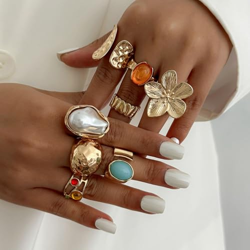 Gold Rings for Women Non Tarnish Stackable Rhinestone Moon Star Rings Dainty Stacking Pearl Butterfly Midi Pinky Thumb Joint Finger Knuckle Ring Set Gold Non Tarnish Jewelry Gifts Trendy Stuff - color: T Chunky Gold Rings 8Pcs