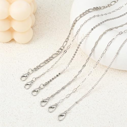 6Pcs Silver Ankle Bracelets 14k Cuban Link Chain Anklets Set | Layered Waterproof Adjustable Dainty Summer Beach Gold Accessories Boho Bracelet Jewelry for Women