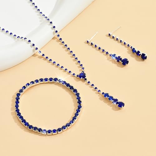 MIFYNN Rhinestone Wedding Set for Women Sparkle Crystal Earrings Necklace Bracelet Jewelry Set Wedding Party Prom Jewelry Set for Brides Bridesmaid - color: Blue