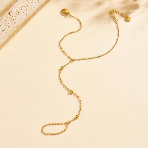 Dainty 18K Gold Plated Tiny Bracelets with Finger Ring for Women | Waterproof Hypoallergenic Adjustable Hand Harness Chain Jewelry - color: Three Bead-GD