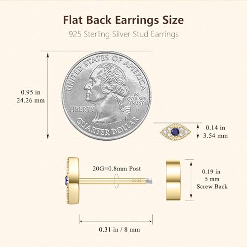JIAYIQI Minimalist 925 Sterling Silver Stud Earrings Set, 14K Gold Plated Hypoallergenic Tiny Bar Dot Heart Star Studs for Women & Men - style: Gold-Evil Eye-Flatback-1 Pair