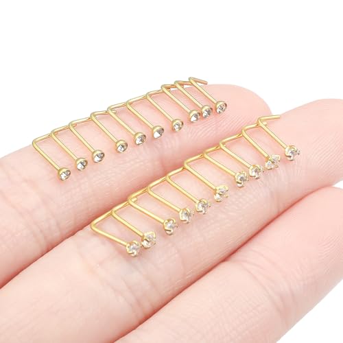 20Pcs Nose Rings Studs Surgical Steel L-Shape Nose Rings for Women 1.5mm 2mm Cubic Zirconia Nose Screw Studs Hypoallergenic Nose Piercings Jewelry 24g 22g 20g 18g - color: L-shape,goldtone, size: 22g,2mm CZ