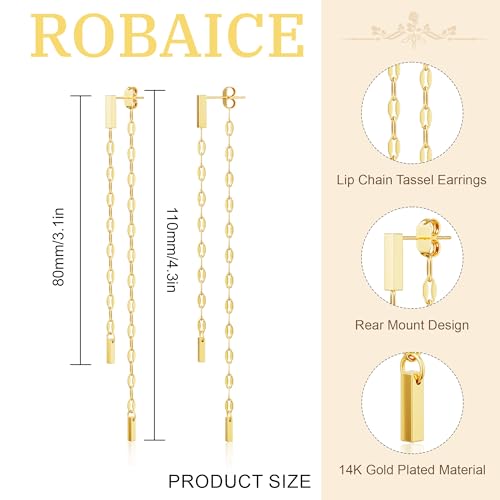 Robaice 14K Gold Plated Dangle Earrings for Women, Long Drop Earrings | Dainty Tassel Earrings Trendy, Hypoallergenic Dangling Lip Block Snake Chain, Threader Earrings for Women, Jewelry Gifts - color: Gold 4