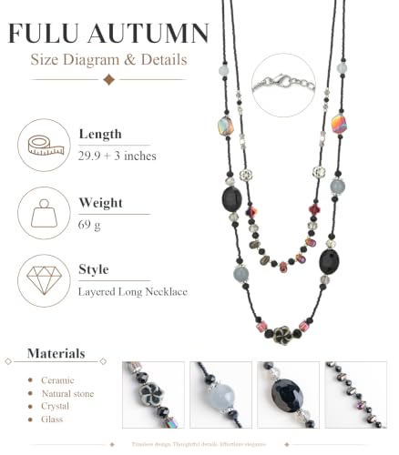 FULU AUTUMN Long Layered Beaded Necklaces for Women Statement Double Bead Strand Ceramic Flower Boho Jewelry Gifts for Mom - color: Black