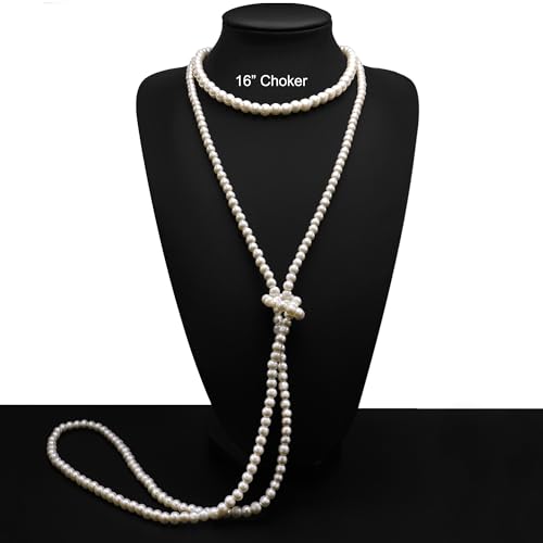Long Pearl Necklaces for Women Cream White Faux Pearl Strand Layered Necklace Costume Jewelry - color: 8MM choker+6MM long