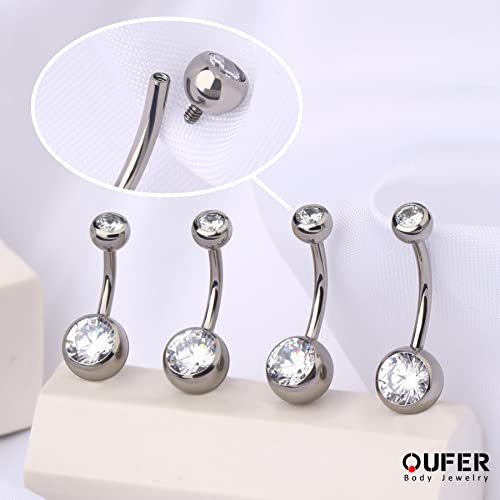 OUFER Titanium Belly Button Rings, Internally Threaded Belly Ring, Round CZ Navel Rings for Women Men - color: Silver, size: 1.6*14MM