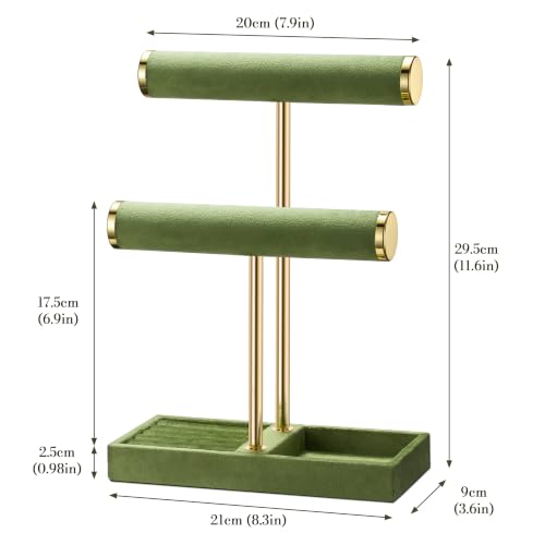 bussdis 2 Tier Bracelet Holder Display, Necklace Holder Organizer, Green | Velvet Necklace Holder | Jewelry Tree | Jewelry Towers | Jewelry Stand Organizer for Necklaces, Bracelets, Earrings, Rings - color: Green