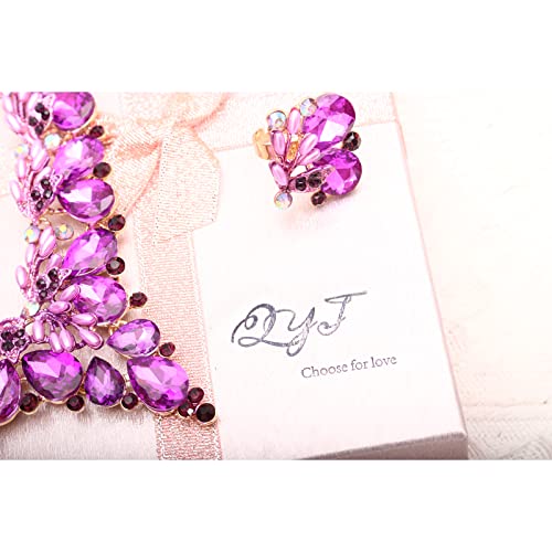 Jewelry Set for Women, Statement Necklace Dangle Earrings Bracelet Ring, White/KC Gold Plated Jewelry Set with Rhinestone Pearl Crystal Wedding Party Jewelry for Bridal Bridesmaid - color: Deep Purple-Gold Plated