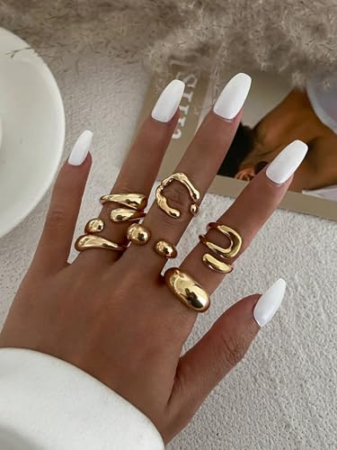 17 MILE Chunky Gold Stackable Rings for Women Non Tarnish, 18K Gold-Plated Statement Open Stacking Rings, Knuckle Band Ring Set - color: Gold 6 Pcs
