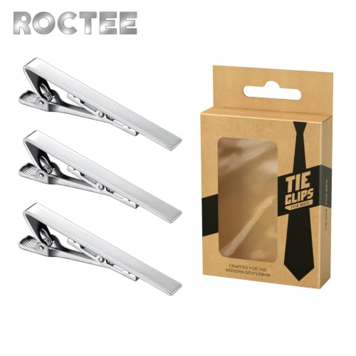Roctee Tie Clips for Men, 3 Pack Men's Tie Clips Necktie Tie Bars Tie Pins for Men Accessories - style: Silver