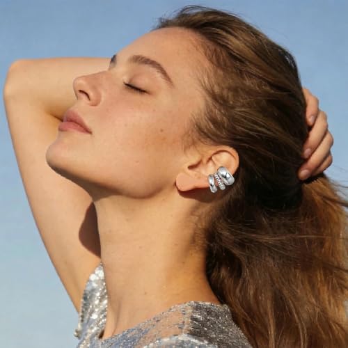 3 Pcs Ear Cuffs for Women Non Piercing Earrings Set 14K Gold/Silver Plated Ear Cuff for Non Pierced Ears Chunky Thin Clip On Earring Fake Earrings - color: Silver