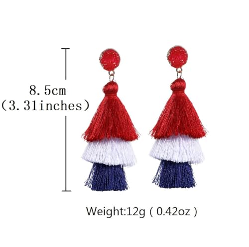 Boho Statement Tassel Earrings - Clip On Feather Dangling Fringe Earrings for Women - Non Piercing Jewelry for Vacation, Beach, Bride, Bachelorette, Costume, Prom - color: Stud Earrings-Red White Blue