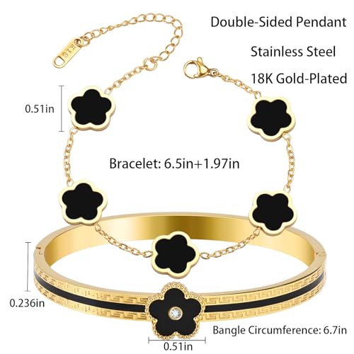 2pcs Stackable Bangle Bracelets 18K Gold Plated Lucky Clover Bracelet Stainless Steel Clover Jewelry Set Fashion Birthday Gifts for Women - color: Gold Black Stackable Bracelets