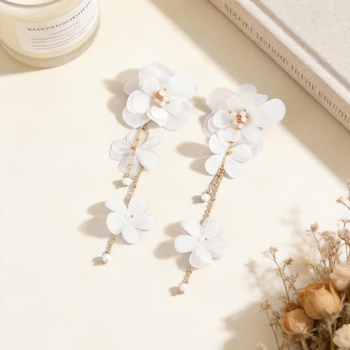 Flower Earrings for Women Long Fabric Flower Tassel Earrings Bohemian Handmade Floral Statement Earring Wedding Prom Jewelry Gifts - color: A1:white