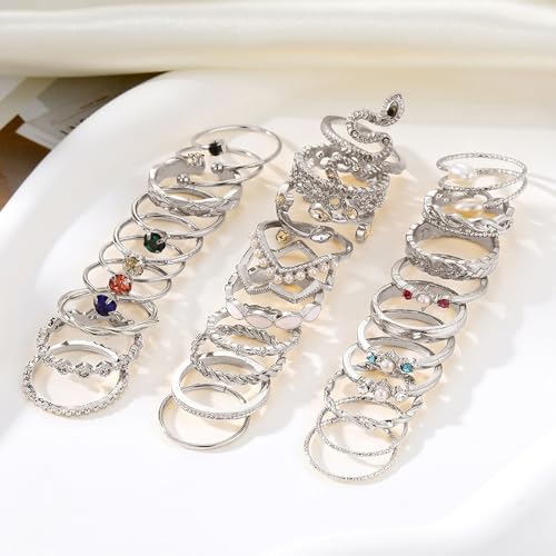 Layering Rings for Women, Adjustable Stainless Steel Joint Finger Cubic Zirconia Stackable Thumb Rings Band for Statement Open Knuckle Stacking for Women - color: Silver CZ 30PCS