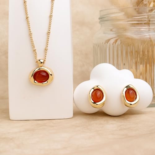 Jean Beau Gold Stone Pendant Necklaces for Women, Chunky Gemstone Dangle Necklace Wedding Prom Fashion Jewelry Gift - color: Amber