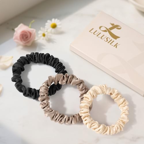 LULUSILK Small Silk Hair Ties No Damage, 100% Real Mulberry Silk, Skinny Scrunchies Ponytail Holders for Thin Fine Hair, Black Ivory and Brown, Pack of 3 - color: Black&Ivory&Brown