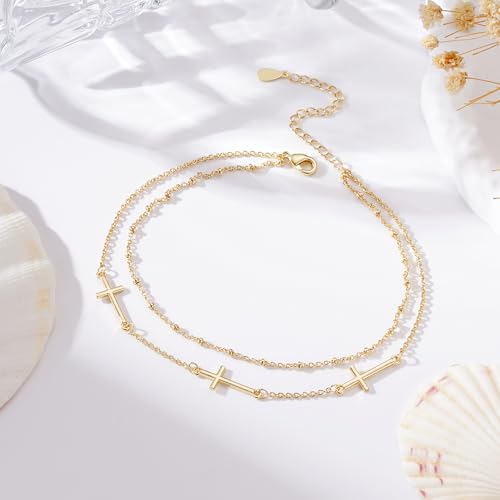 Anklets for Women Waterproof 14K Gold Plated Beach Ankle Bracelets Dainty Summer Bow Clover Heart Evil Eye Anklet Non Tarnish Layered Beach Cz Jewelry Accessories for Women Trendy - color: Gold-Cross