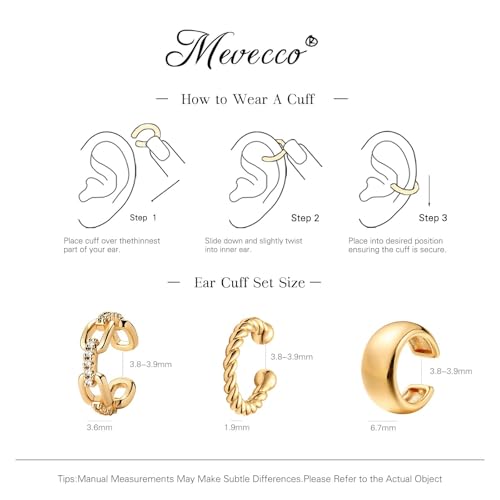MEVECCO Ear Cuffs Non Piercing 18K Gold Plated Ear Cuff Earring Sets Clip on Cartilage Cubic Zirconia Pearl Minimalist Hypoallergenic Fake Hoop Earrings Stack Women Gifts - style: 3pcs-Chunky