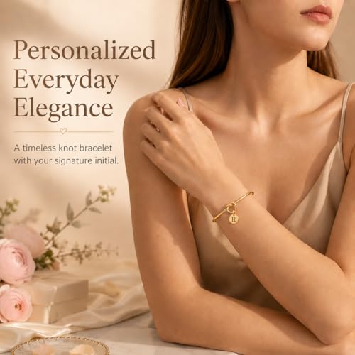 LemonRose Initial Bracelets for Women - Dainty Tie the Knot Letter A-Z 14K Gold Plated for Women Gold Cuff Bracelet for Womens Jewelry Personalized Bridesmaid Proposal Gifts - color: Gold R