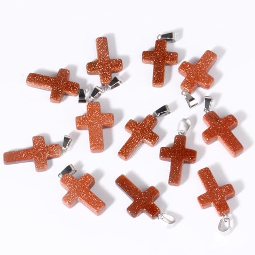12PCS Natural Stone Cross Pendant Gemstone Charms Bulk for Jewelry Making | Healing Crystal Quartz Chakra Reiki Gemstone Pendants Charms Bulk for Necklace Craft - color: Red Sandstone Cross(Synthetic)