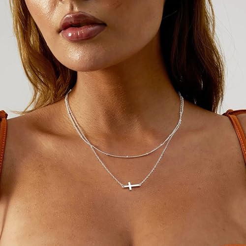 14K Gold Layered Cross Necklaces for Women,Tiny Small Sideways Cross Necklace Minimalist Christian Jewelry Gifts First Communion Confirmation Easter Stuff,2Pcs - color: Style D,Silver