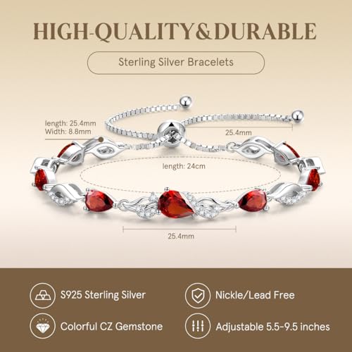 FANCIME Birthstone Teardrop Tennis Bracelet for Women, Sterling Silver 9x7mm main Gemstone Bolo Adjustable Chain Bracelet Fine Jewelry Birthday Gifts for Women Mom Wife Her - color: 01-Garnet