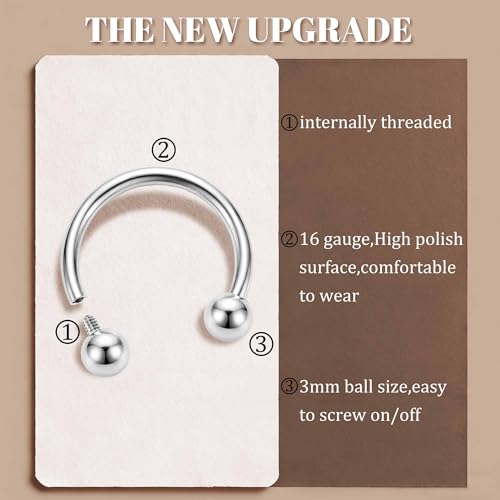 MILACOLATO 2Pcs Implant Grade Titanium Septum Rings for Women Men 16G | G23 Solid Titanium Internally Threaded Horseshoe Circular Barbell Piercing Jewelry for Nose Lip Tragus Eyebrow Helix Daith - color: 2pcs-steel-16g/8mm